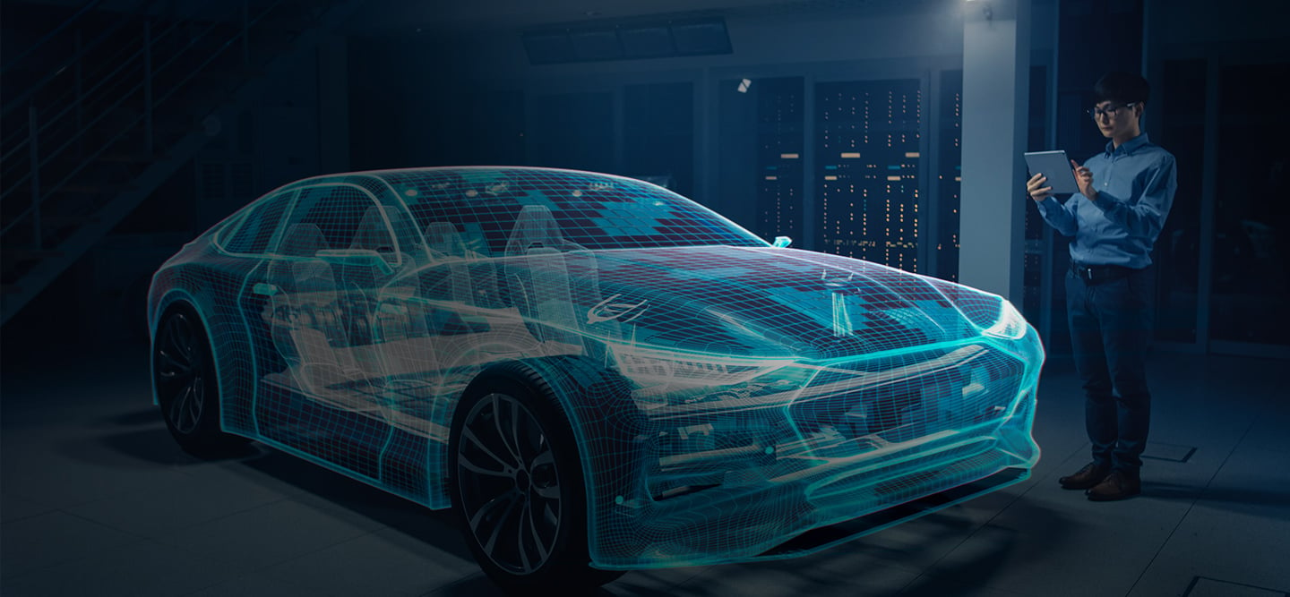 Animated electric vehicle and batteries with worker on tablet